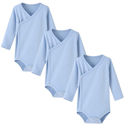 Image of ACESTAR Baby Boy Girl Side Snap Bodysuits - 100% Cotton Plain Long Sleeve Baby Kimono for Newborn-12 Months, 3 Pack