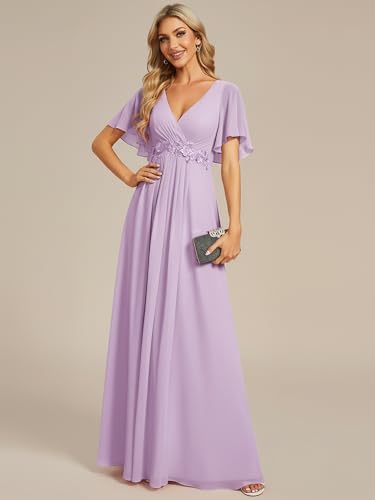 Image of Ever-Pretty Women's Spring Short Sleeve Bridesmaid Dresses V-Neck Chiffon Ruched Empire Waist Appliques Long Formal Dress
