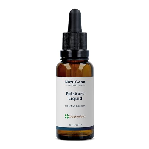 NatuGena Folsäure Liquid, Vitamin B9 Quatrefolic Folsäure in flüssiger Formulierung (Tropfen), bioaktive Folsäure als Methyltetrahydrofolat (5-MTHF), 20 ml / 300 Tropfen (75 Tage Packung)