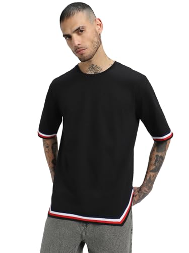 Image of Veirdo Pure Cotton Oversized Baggy Fit Half Sleeve Round Neck Tapered Hemline with Side Cuts T-Shirt for Men (Available in Black, Mustard, Fog Green, Navy)