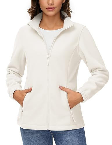 TACVASEN Women's Soft Fleece Jacket Lightweight Full Zip Sweatshirts Coat Casual Winter Warm Sweaters with Pockets Cream,XL