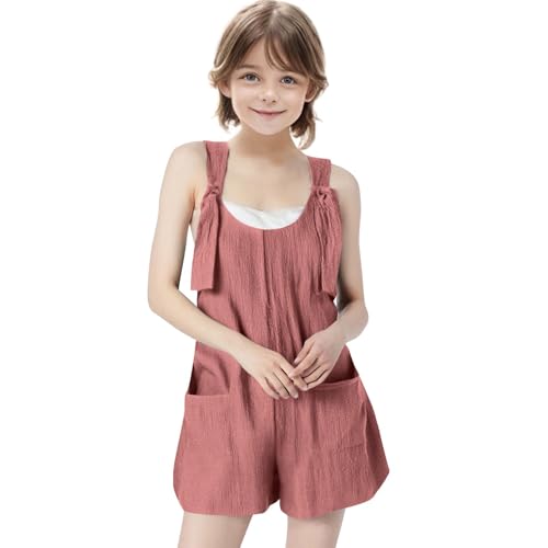 KODMNSW Mädchen Jumpsuit Kurz Latzhose Sommer Outfits Ärmelloses Overall Freizeit Casual Loose Jumpsuits Latz-Shorts Trainingsanzug Kinderoverall mit Tasche 5-14 Jahre Rosa 140
