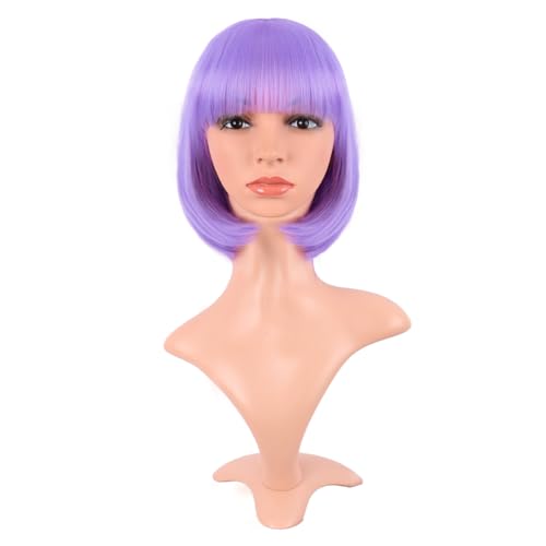 MapofBeauty 12 Inch /30 cm Fashion Lady Short Straight Synthetic Flat Bangs Bob Wig (Light Purple)