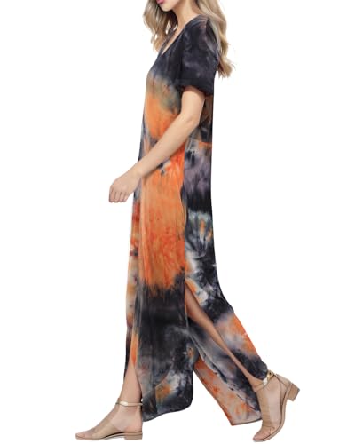 Image of Match Women's V-Neck Casual Loose Short Sleeve Long T-Shirt Dress Split Maxi Dress with Side Pocket