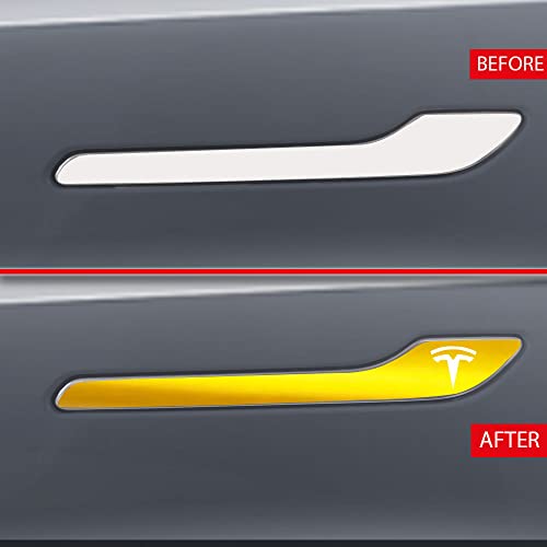 Image of IPG Compatible for Model 3 / Model Y /Juniper Door Handle Decal Sticker Wrap Kit (Set of 4) with Tesla Logo Personalize Your Tesla (Shiny Yellow)