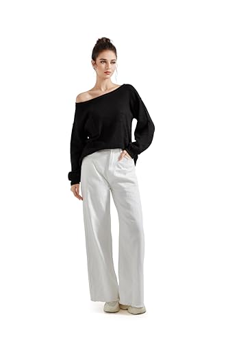 SUUKSESS Women Off The Shoulder Fall Sweaters Long Sleeve Boat Neck Oversized Pullover Sweater Tops