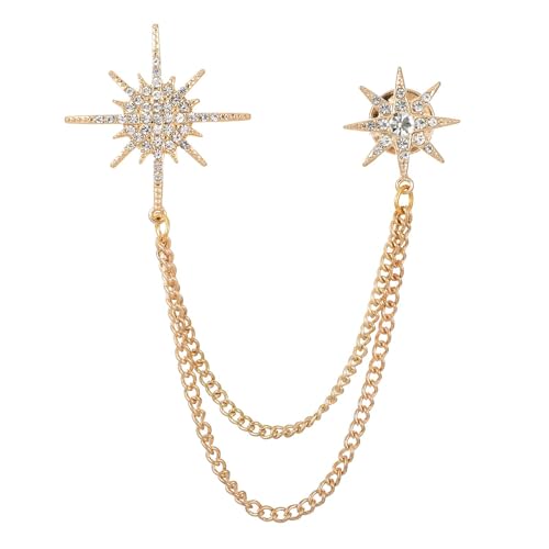 Image of Silver Rhinestone Star Brooch for Women, Crystal Snowflake Brooch Lapel Pins Fashion Broach Pin Dress Suit Accessories with Tassel Chain Clothing Clip Broach for Women Men