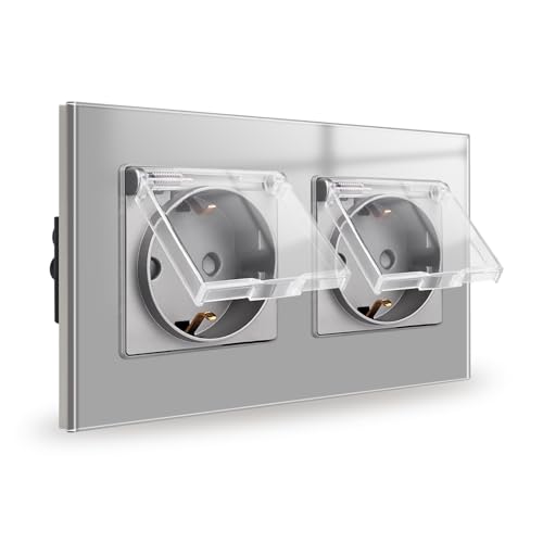 JIMEIDA Doppel steckdose Glas Unterputz Grau 16Amp Steckdosen mit Wasserdichtem Deckel 157 * 86mm,250V