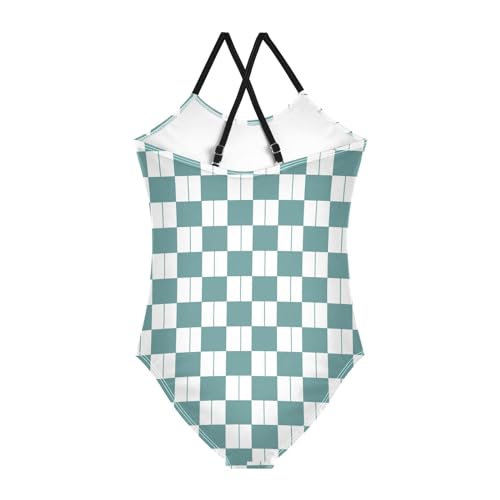 Image of Black and White Chess Girls One Piece Swimsuits Board Marble Tile Sport Halter Swimwear Beach Bathing Suit 3T