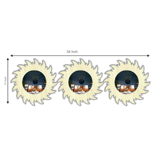 Image of Creative Arts n Frames 11 inch Set of 3 Round Wall Decor Hand Crafted Wooden HD Wall Mirror Panel for Living Room Bedroom Lobby Modern Wall Decor Home Decor Items (Chakra 2 Pine)