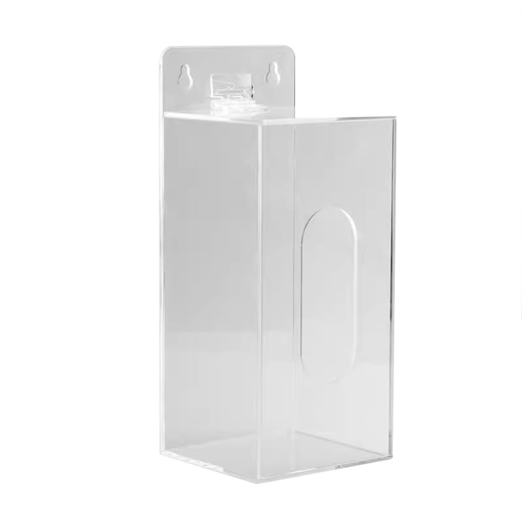 Dispenser per mascherine e guanti monouso in acrilico trasparente, progettato per il montaggio a parete, con coperchio. Offre un facile accesso agli