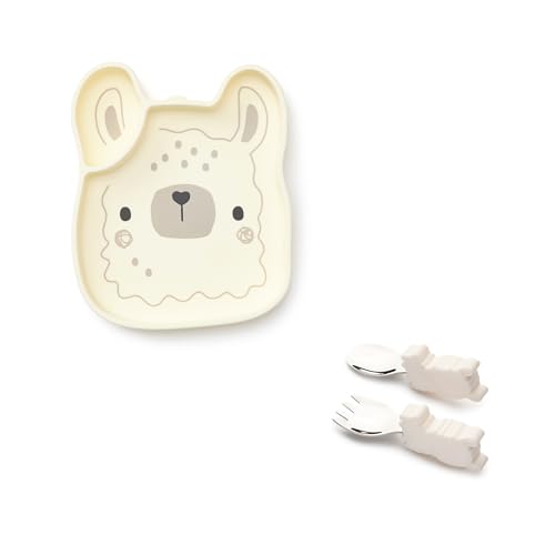 Image of Loulou Lollipop Baby Suction Plate, Fork and Spoon Feeding Set, Llama | Divided self-feeding plate plus chunky-grip stainless steel fork and spoon; made from food-grade silicone, BPA and PVC free