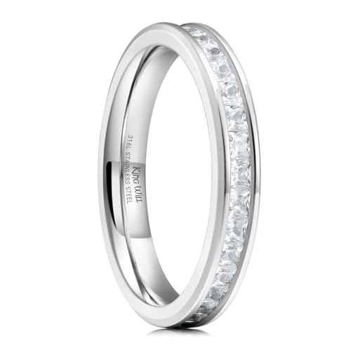 King Will Cubic Zirconia Wedding Band for Women, 3/7mm CZ Simulated Diamond Stackable Ring Eternity Ring for Women, Silver Plated Cubic Zirconia Anniversary Ring Hypoallergenic & Comfort Fit