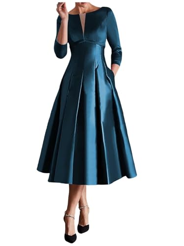 Satin A Line Mother of The Bride Dresses for Wedding Tea Length Long Sleeve Wedding Guest Dress for Women