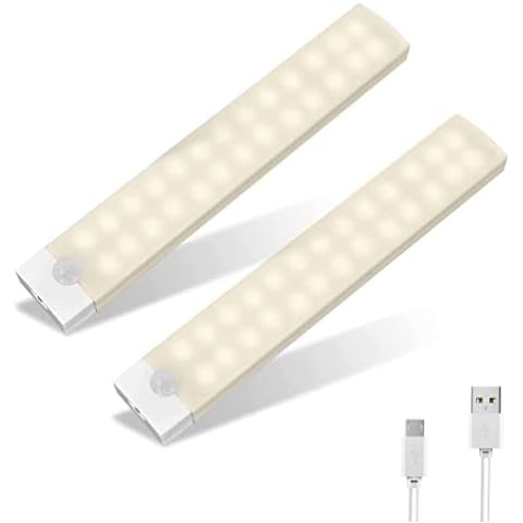 Motion Sensor Lights Indoor 2 Pack, Rechargeable Wireless Under Cabinet Light 26 LED Closet Lights Upgrade Adjustable Brightness/Memory Mode Night Lights for Wardrobe, Stairs Kitchen 20CM Warm White Cover