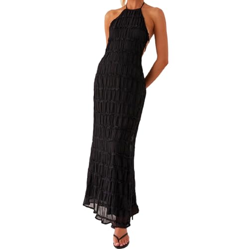 Image of Women Summer Backless Beach Maxi Dress Spaghetti Strap Sleeveless Smocked Tulle Flowy Vacation Long Dress