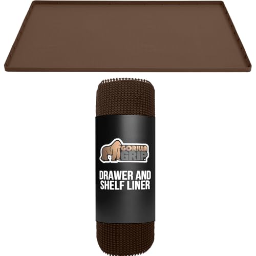 Image of Gorilla Grip Silicone Under Sink Mat with Raised Lip and powerGRIP Drawer Shelf and Cabinet Liner, Mat Size 34x22 Coffee, Waterproof, Liner Size 12x20 Chocolate, Easy Install, 2 Item Bundle