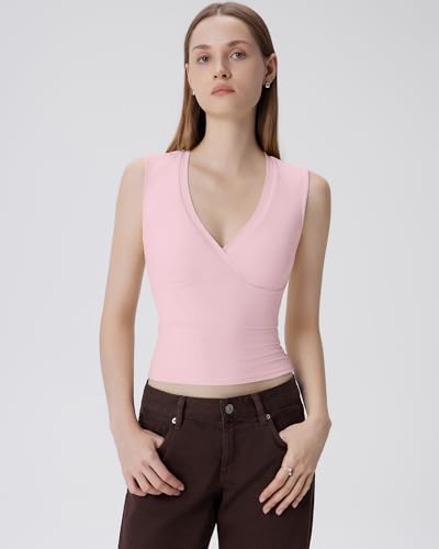 Image of SUUKSESS Women Built in Bra V Neck Tank Tops Double Lined Summer Going Out Camisole Tops