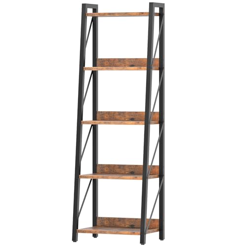 HOOBRO Estantería de 5 Niveles, Librería de Escalera, Estantería de Almacenamiento de Esquina, Expositor de Pie, para Salón, Dormitorio, Oficina, Cocina, Marrón Rústico y Negro EBF305CJ01
