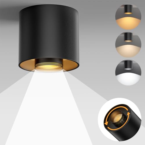 Image of 3-Color&Watt Zoomable Ceiling Spotlight Fixtures, Flush Mount Ceiling Light Fixture Dimmable LED Spot Lights Indoor, 4.72 inch Cylinder Light for Hallway Kitchen Entryway Foyer, 30W Black