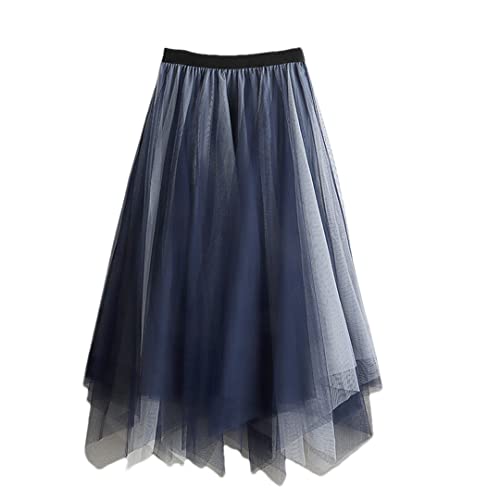Jupe en tulle femme bleu marine asymétrique taille haute mi-longue