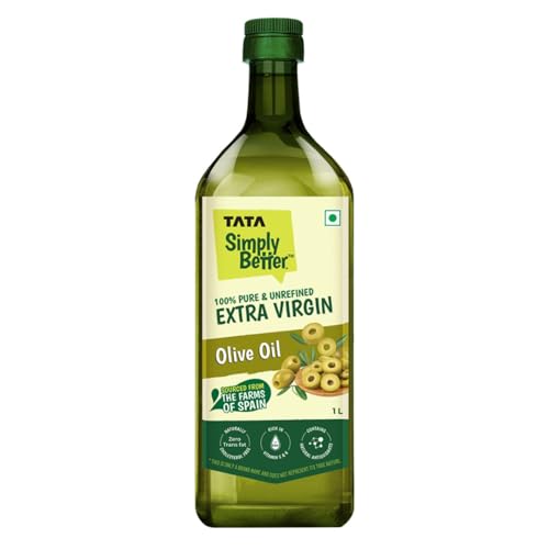 Image of Tata Simply Better Pure & Unrefined Extra Virgin Olive Oil, A1 Grade Olives From The Farms of Spain, Cold Press Extraction, Cholesterol & Trans Fat-Free, Natural Antioxidants, Rich in Vitamin E & K