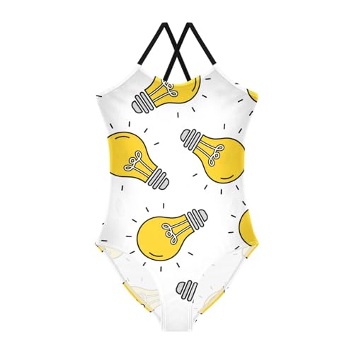 Girls One Piece Swimsuits Light Bulb Pattern on White Sport Halter Swimwear Beach Bathing Suit, 4T
