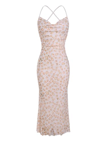 Image of SOLY HUX Women's Floral Mesh Bodycon Cami Dress Cowl Neck Sleeveless Cocktail Party Wedding Guest Long Maxi Dresses