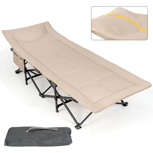 GYMAX Folding Camping Cot for Adults w/Cushion & Pillow, Padded Portable Outdoor Sleeping Bed w/Carrying Bag, 10-Point Structure, Load 450 LBS, Tent Cot Lightweight for Office Home Travel (Khaki)