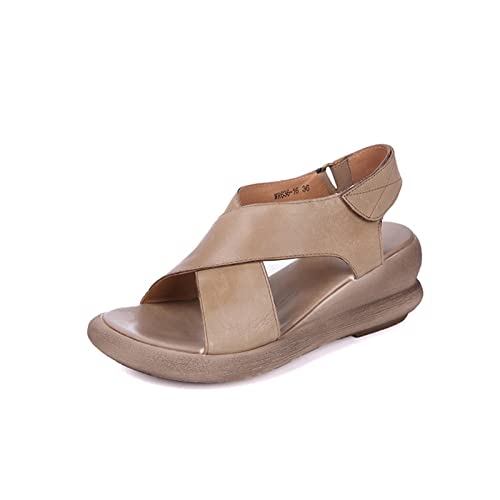 Summer Women Wedge Heeled Genuine Leather Sandals, Platform Fashion Sandals, Retro Fashion Non-Slip Beach Sandals for Women (Color : Khaki, Foot Length : 22.5CM)