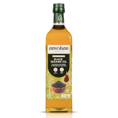 Anveshan Empowering farmers with technology Wood Pressed Black Sesame Oil, 1000 ml/33.8Oz | Glass Bottle | Kolhu/ Kacchi Ghani/ Chekku| Natural and Healthy | Chemical- free