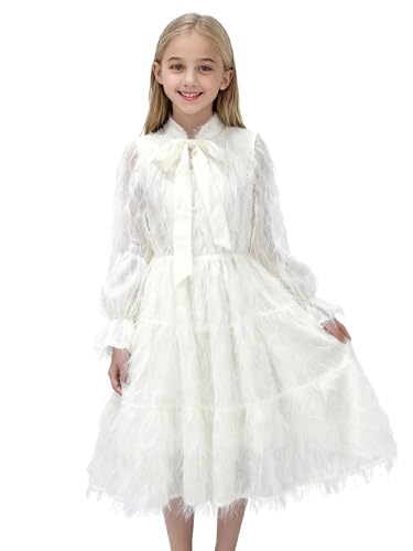 New 5-14Y [Brand Name] Girls White Feathered Dress Long Sleeve Tie Neck Boho Ethereal Party Photoshoot