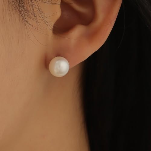 Image of Freshwater Pearl Stud Earrings for Women - Hypoallergenic 925 Silver Plated With 14k Gold Genuine Round White Pearls Elegant Gift for Her