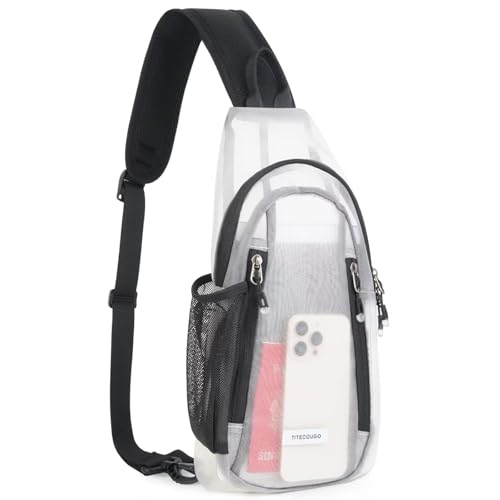 TITECOUGO Clear Sling Bag Clear Bag for Stadium Events Crossbody Daypack for Women Men Shoulder Backpack Transparent Casual Daypack for Concerts Sport White