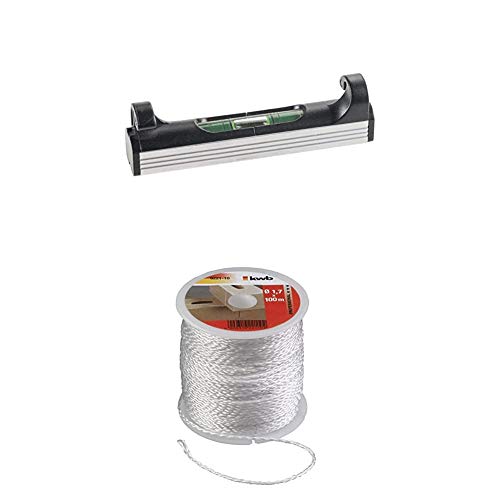 kwb Schnur-Wasserwaage, 78 mm, leicht, klein, mit Aluminium Unterseite inkl. Maurer-Schnur 100 Meter, weiß, Richtschnur für Pflaster- und Maurerarbeiten 1,7 mm, Lotschnur für div. Anwendungen