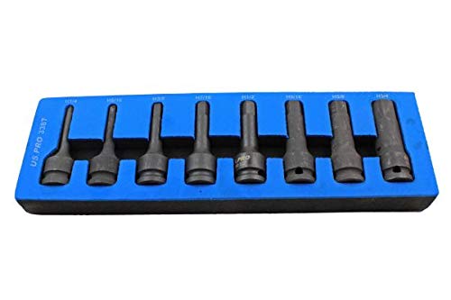 US PRO 3385 9pc 3/8" Dr SAE/Imperial Hex, Allen Bit Socket Rail