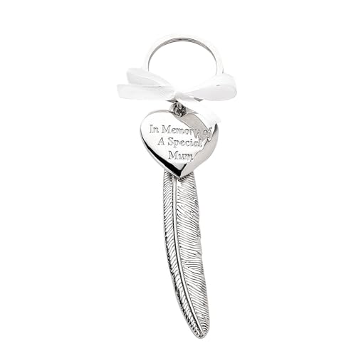Porte-clés en métal argenté souvenir maman avec plaque cœur et plume