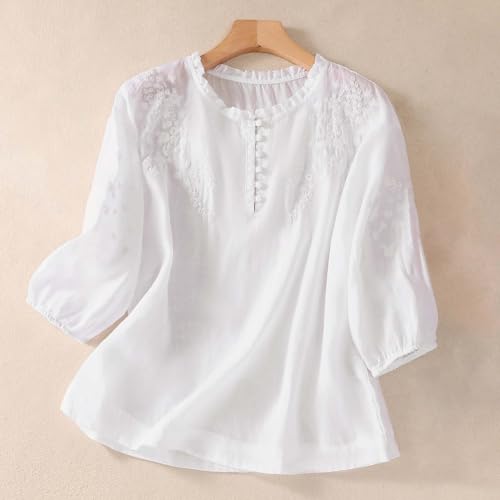 Women's Cotton Linen Button Short Sleeve Shirts Summer Loose Crew Neck Casual Boho Top Vintage Embroidered Blouse Tops2