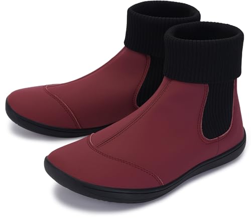 WHITIN Women's Wide Barefoot Chelsea Boots Ankle Calf Cowboy Cowgirl Minimalist Zero Drop Size 8 Leather botas vaqueras para mujer Socks Fashion Shoes Burgundy 40