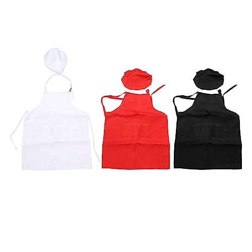 Tomotato 3 Set Kids Apron and Chef Hat, Red Black White Adjustable Kids Cooking Apron with Pocket for Girls Boys