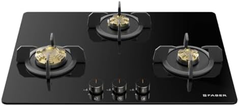 Faber 3 Burner 70Cm HOB |Auto Ignition | HOB PRIME HT703 CRS BR CI AI |Metal Knobs| Cast Iron Pan Support |HOB/Cooktop Hybrid| Black Glass Finish |5 Yr Warranty On Glass,Valve & 2 Yr On Burner