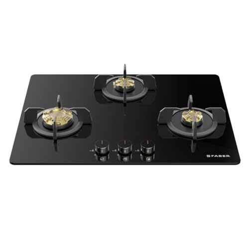 Faber 3 Burner 70Cm HOB |Auto Ignition | HOB PRIME HT703 CRS BR CI AI |Metal Knobs| Cast Iron Pan Support |HOB/Cooktop Hybrid| Black Glass Finish |5 Yr Warranty On Glass,Valve & 2 Yr On Burner