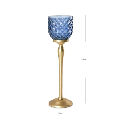 Image of Pure Home Blue Diamond Cut Hurricane - Large | Size: 9 x 9 x 24 cm | Premium Hurricanes for Home Decor | Table Top & Shelf Decor Showpiece | Ideal for Housewarming & Wedding Gifts | Premium | Pack of 1