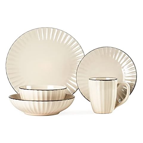 HomeVss, Osita Strip Stoneware 20pc Dinnerware Set, Cream Cover