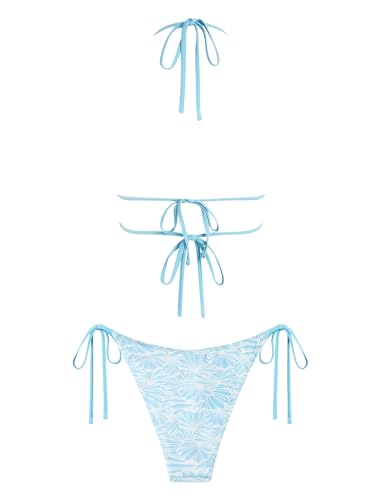 Image of ZAFUL Halter Swimsuits for Women Textured Backless 2 Piece Bathing Suits Cheeky High Cut String Tie Side Bikini Sets