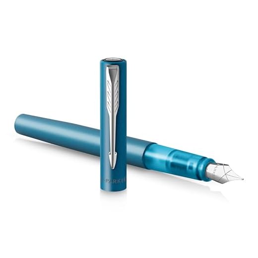 PARKER Pluma estilográfica Vector XL de plumín mediano, Laca de color verde azulado metálico sobre latón con detalle en cromo, Plumín mediano con recambio de tinta azul, Estuche de regalo, talla única