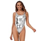 Kepblom Womens Metallic Bodysuit Leotards - Shiny Backless 80s/90s Rave Outfits,High Cut Thong Top, One Piece Swimsuit, Silver, S