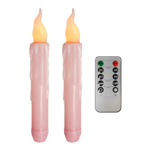 Image of Real Wax LED Flameless Short Taper Candles with Remote, 6.7 Inches Pink Candlesticks, Dripless Battery Operated Flame Rustic Primitive Flameless Spring Candles for Home, Pack of 2