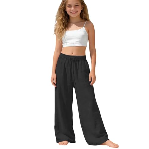 Leinenhose Mädchen Sommerhose Hohe Taille Weite Bein Leinen Hose Lang Casual Musselin Hosen Teenager Kinder Sommer Leichte Luftige Sporthose Einfarbige Bequem Jogginghose für 4-15 Jahre
