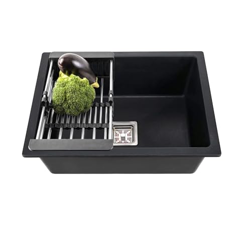 Image of Fossa 10-Year Warranty Quartz Kitchen Sink 18 x 16 Inch | Single Bowl Granite Sink | Includes Waste Coupling, Waste Pipe & Strainer | Top Mount | Black (Matte Finish)